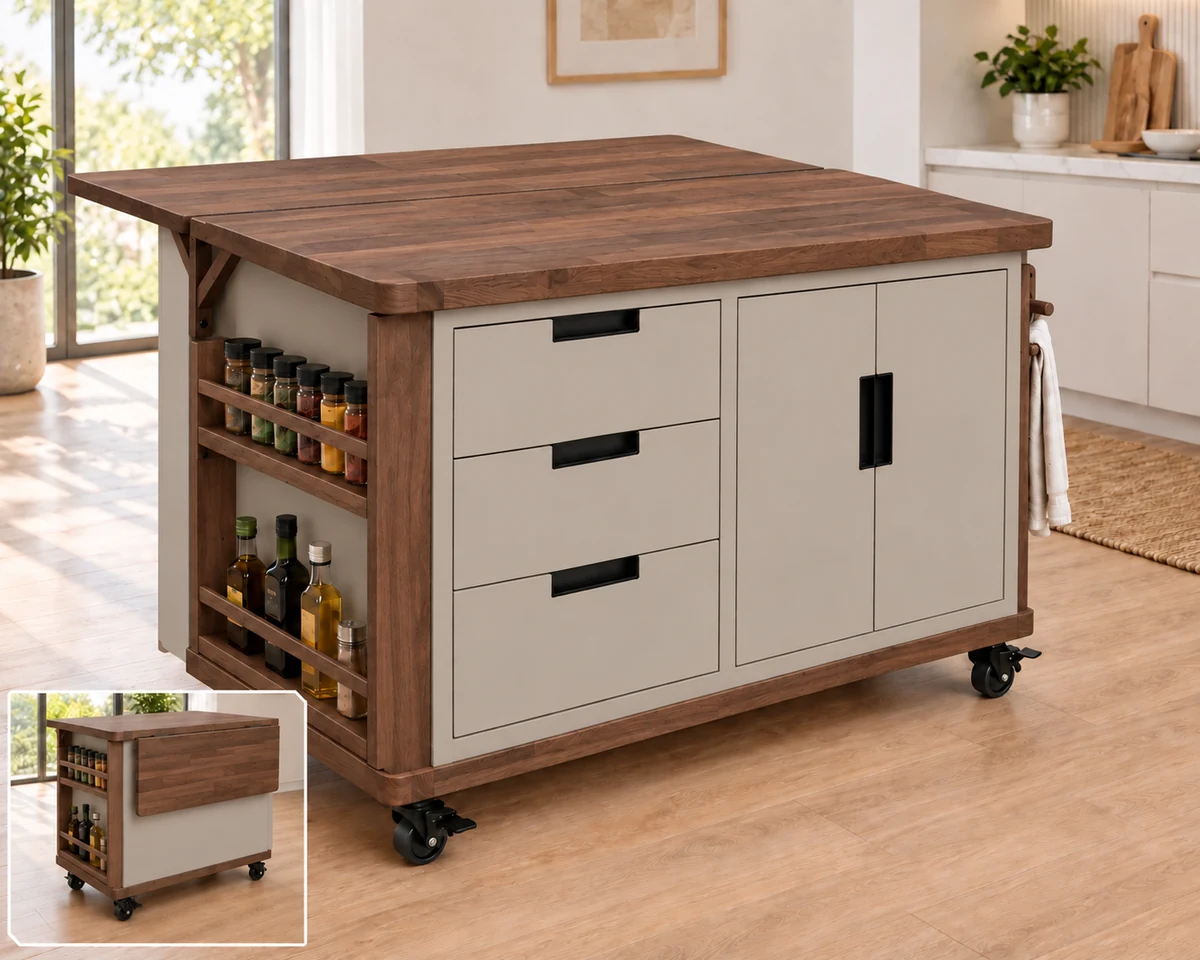 Walnut and greige kitchen island with a side spice rack, rear table open and an inset showing it folded down