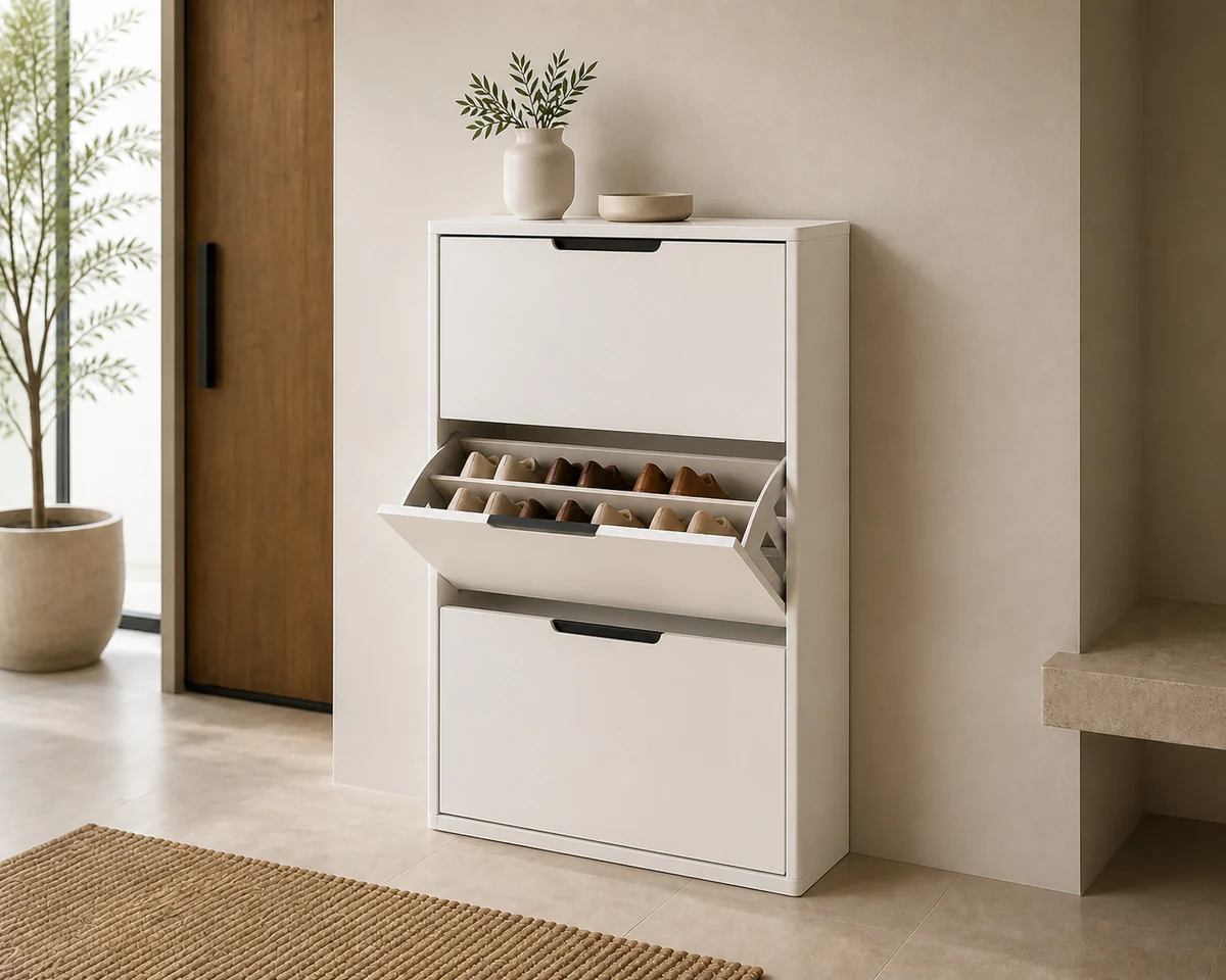All-white slim shoe cabinet with a flush floor-standing base and its middle flip drawer open