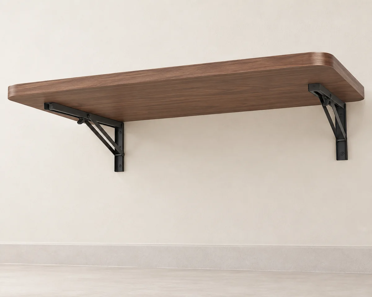 Walnut wall-mounted folding table resting flush on two black steel locking brackets